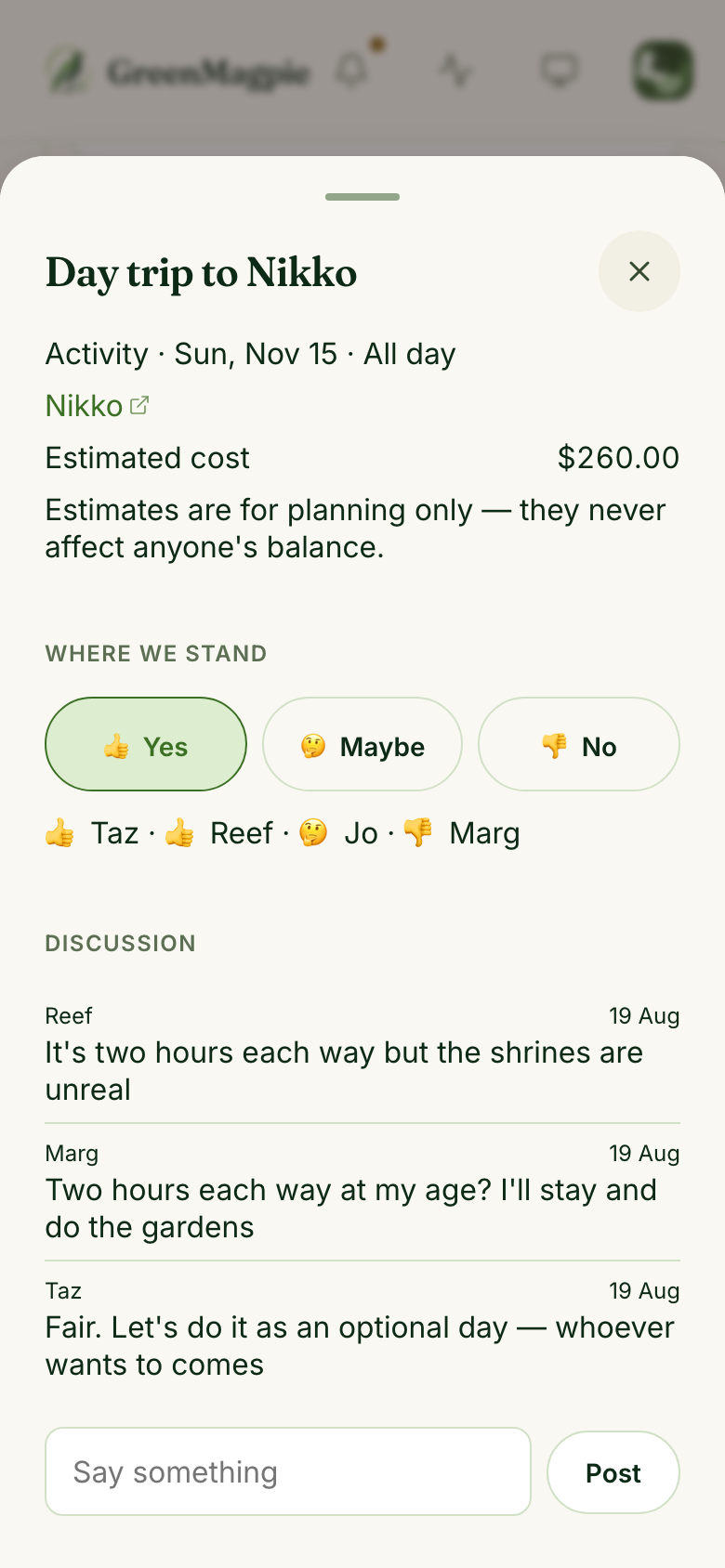 The Day trip to Nikko item showing a yes/maybe/no vote with four family members' positions, and a discussion thread where Marg says two hours each way is too far and Taz suggests making it optional