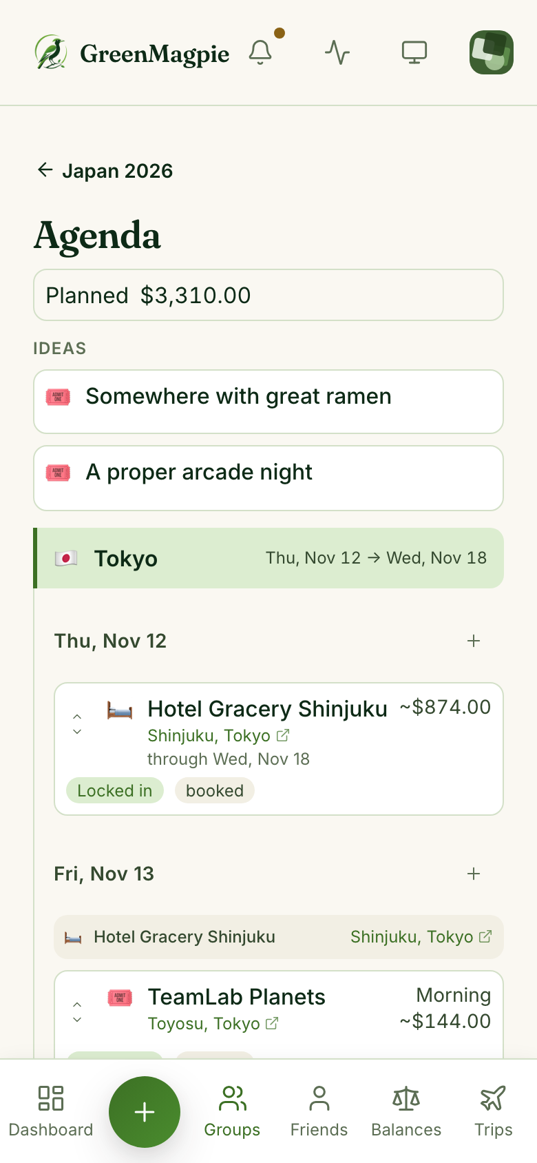 The Japan 2026 agenda: ideas at the top, a Tokyo destination band, then Thursday 12 November with a locked and booked hotel, and Friday with TeamLab Planets in the morning