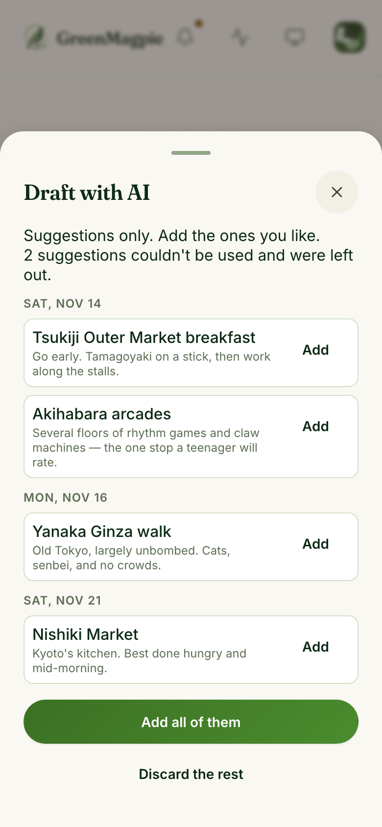 Draft with AI review sheet: suggestions only, with Tsukiji Outer Market breakfast, Akihabara arcades, Yanaka Ginza walk and Nishiki Market each with an Add button, plus Add all of them