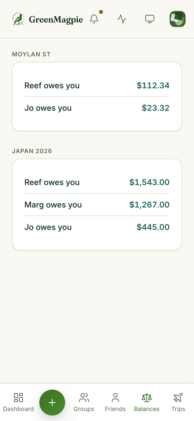 Balances screen showing what Reef, Marg and Jo each owe across the Moylan St and Japan 2026 groups