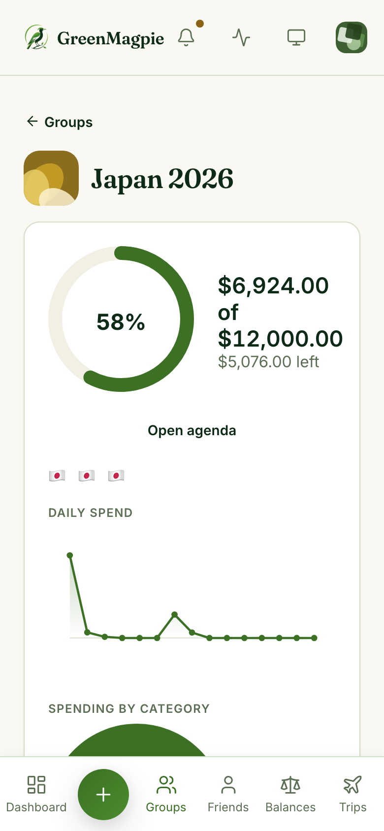Trip dashboard for Japan 2026 showing budget ring, spend against a $12,000 budget and destination flags
